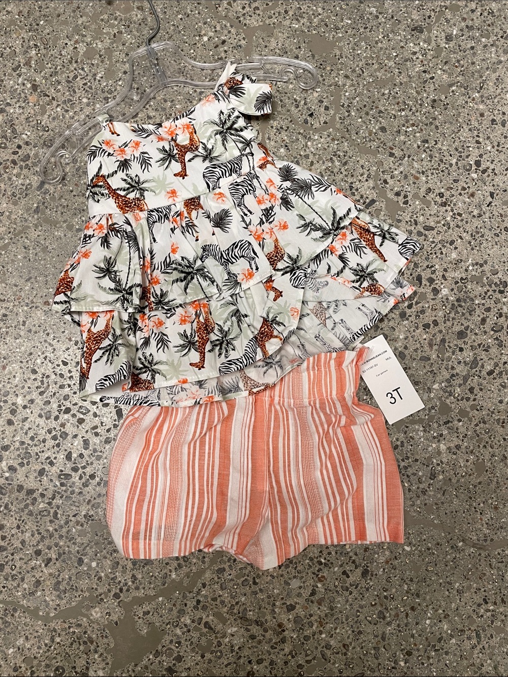 Tropical Animal Print Ruffle Tank & Coral Stripe Shorts Set - 3T